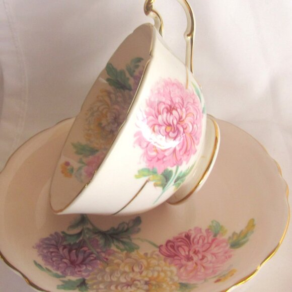 Paragon Tea Cup and Saucer Carnations on Soft Beige, HPT, Gold Gilt,      H233 - Picture 3 of 8